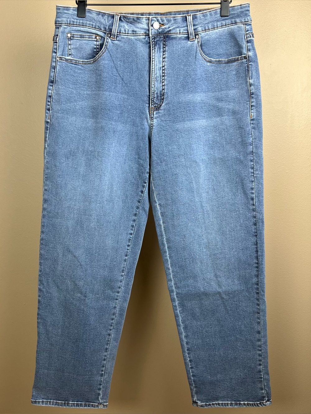 Universal Standard women’s 14 High Rise
Straight Leg Jeans Distressed Light blue